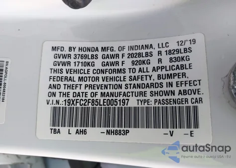 2020 Honda Civic Sport z USA, uszkodzony, nr VIN 19XFC2F85LE005197